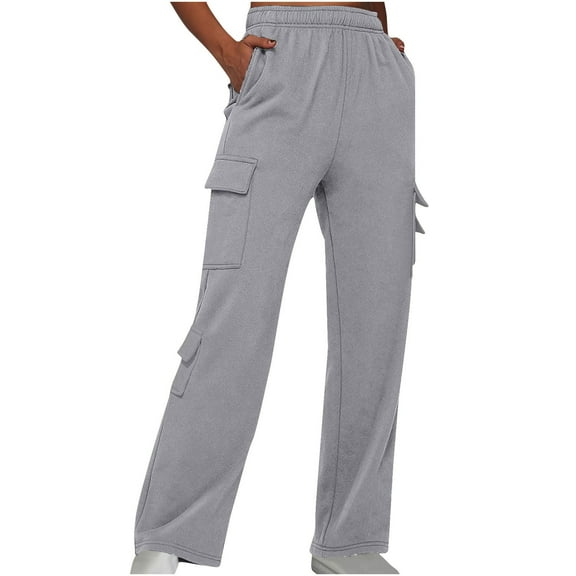 Womens Cargo Sweatpants Wide Leg Fleece Y2K Pants Stretch Athletic Hiking Trousers with Pockets High Elastic Waist Pants