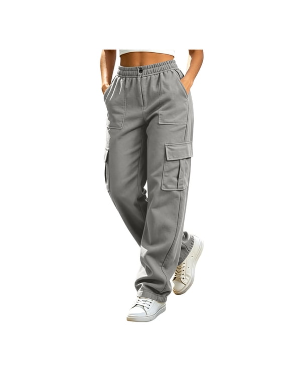 Womens Cargo Trousers High Waist Hiking Walking Jogging Pants Ladies Wide Straight Leg Casual Pants with Multi Pockets Ladies Casual Jogger Work Trousers