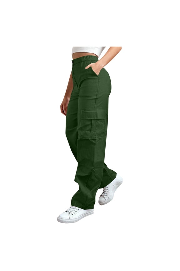 Womens Cargo Wide Leg Pants Button Down Elastic High Waist Trousers Outdoor Sports Athletic Solid Color Pant with Pockets