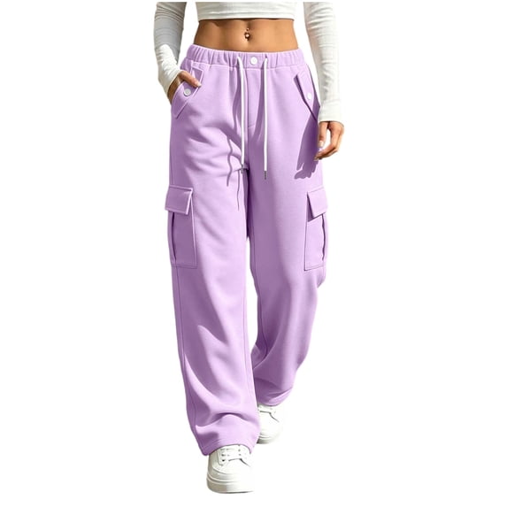 Womens Cargo Wide Leg Sweatpants Button Elastic Waist Drawstring Workout Pants Purple 2XL
