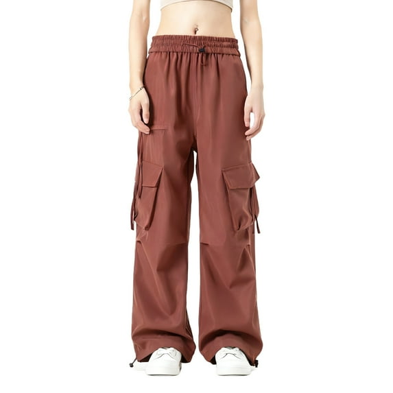 Womens Cargo Women's Multiple Pockets Pull Rope Breathable Sports Work Solid Color Pants Full Length Pants Wine XXL