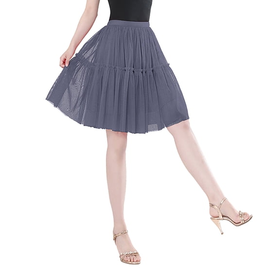 Womens Carnival Ballet Tutu Skirt Solid Color High Waist Ruffle Hem Knee Length Flounce Party Dance Grey Skirt One Size