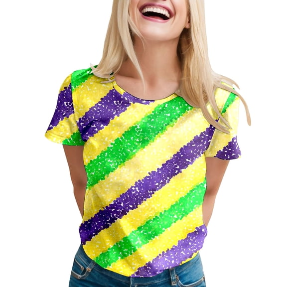 Womens Carnival Colored Printed Tops Short Sleeve O Neck T Shirt Loose Casual Blouses for Women A-Beige XL