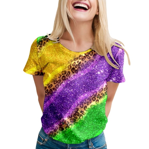 Womens Carnival Colored Printed Tops Short Sleeve O Neck T Shirt Loose Casual Blouses for Women A-Green XL