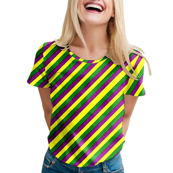 Womens Carnival Colored Printed Tops Short Sleeve O Neck T Shirt Loose Casual Blouses for Women A-Red L