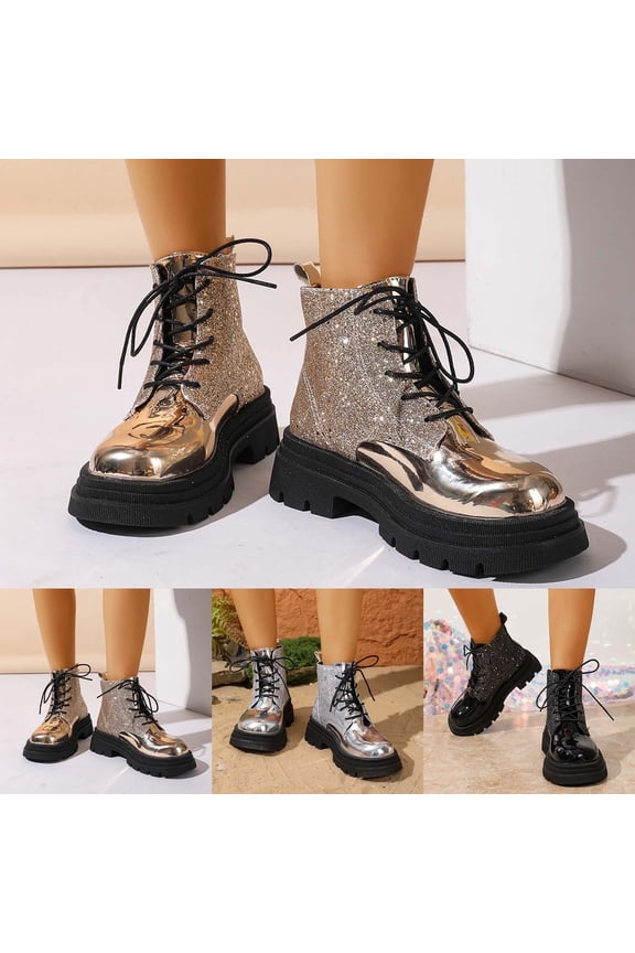 Womens Carnival Shoes Ankle Boots Round Toe Sparkling Platform Thick Heel Lace Up Western Boots Shoes