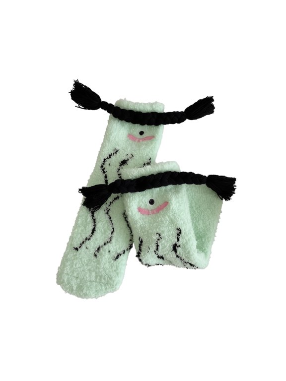 Womens Cartoon Sleep Socks Braided Tassel Home Socks Plush Fuzzy Crew Socks Soft Indoor Lounge Socks Cute Novelty Socks