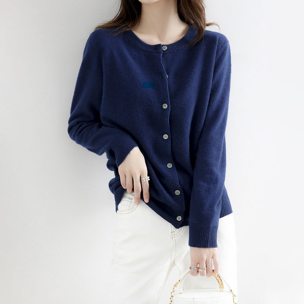 Women's Cashmere Blend Sweater Solid Color Simple Crew Neck Cardigan Jacket  Coat