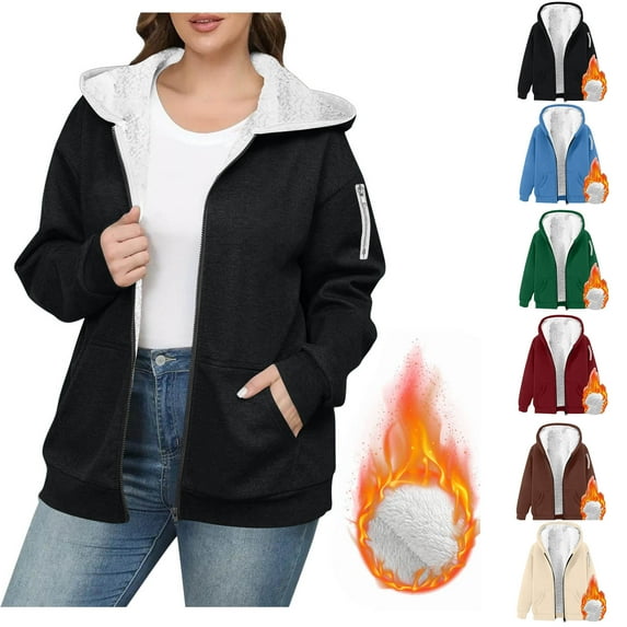Womens Casua Fleece Lined Jacket Coat for Women Warm and Cozy Sherpa Lining Hoodie Sweatshirt Winter Fluffy Casual Hooded Jacket Full Zip Thick Fuzzy Insulated Coats Ndbuld Black 2XL