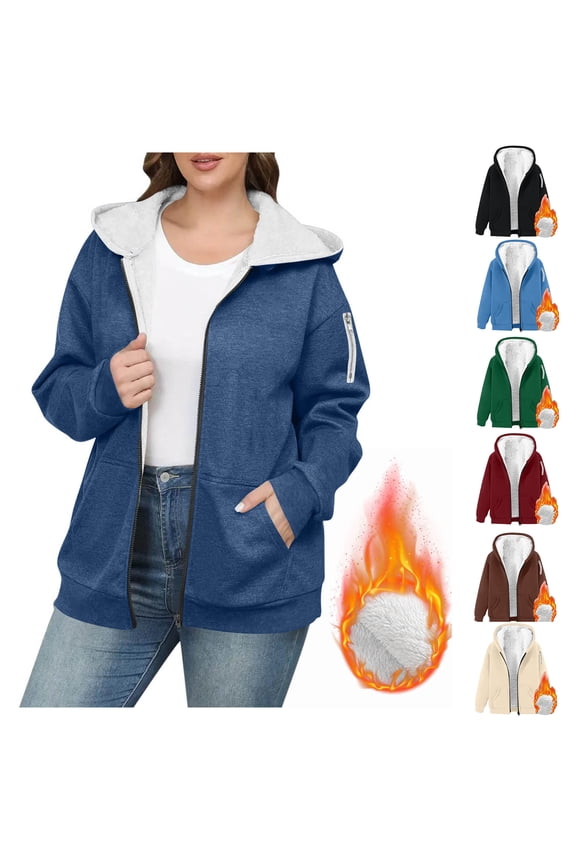 Womens Casua Fleece Lined Jacket Coat for Women Warm and Cozy Sherpa Lining Hoodie Sweatshirt Winter Fluffy Casual Hooded Jacket Full Zip Thick Fuzzy Insulated Coats Ndbuld Navy 5XL