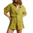 thumbnail image 1 of Womens Casual 2 Piece Outfits Cotton Linen Sets Button Down Shirt Shorts Resort Wear 2025 Pajama Beach Coverup Set Yellow S, 1 of 7