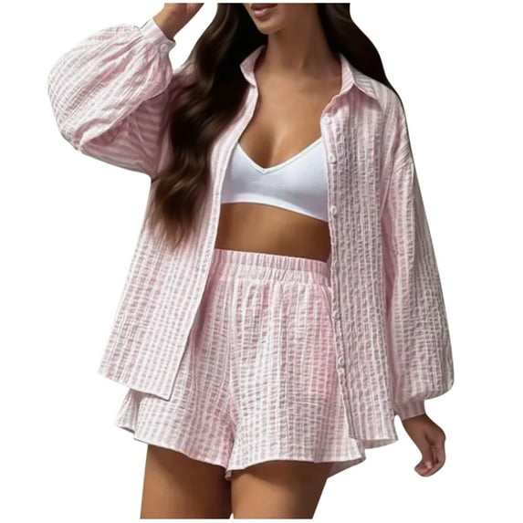 Womens Casual 2 Piece Outfits Stripe Long Sleeve Button Down Shirts Loose Shorts Lightweight Lounge Tracksuit