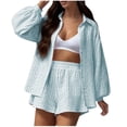 thumbnail image 1 of Womens Casual 2 Piece Outfits Stripe Long Sleeve Button Down Shirts Loose Shorts Lightweight Lounge Tracksuit, 1 of 8