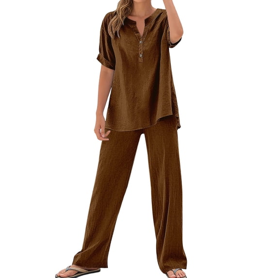 Womens Casual 2 Piece Sets V Neck Short Sleeve Button Top Elastic Waist Pants Matching Lounge Set 2026 Trendy Summer Outfits