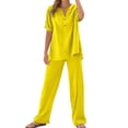 thumbnail image 1 of Womens Casual 2 Piece Sets V Neck Short Sleeve Button Top Elastic Waist Pants Matching Lounge Set 2026 Trendy Summer Outfits, 1 of 6