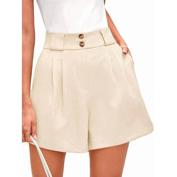 Womens Casual 2025 Trendy Summer Elastic High Waisted Pleated Side Slit Business Work Shorts Pockets Beige L