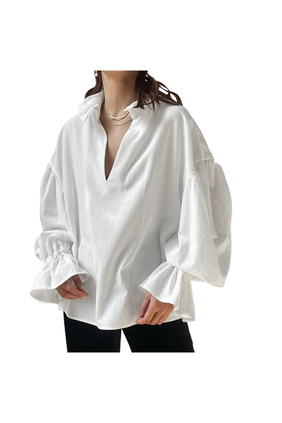 Womens Casual 3/4 Sleeve Loose Fit Button Down Collared Work Blouse Tops White M