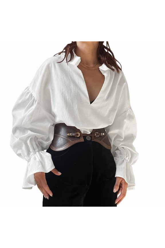Womens Casual 3/4 Sleeve Loose Fit Button Down Collared Work Blouse Tops White M
