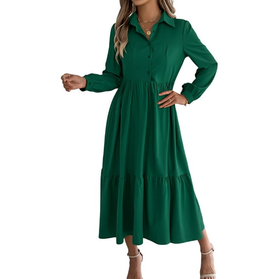 Womens Casual 3/4 Sleeve Shirt Dress Button Down V Neck Tiered Collared Flowy Maxi Dress Dark Green M