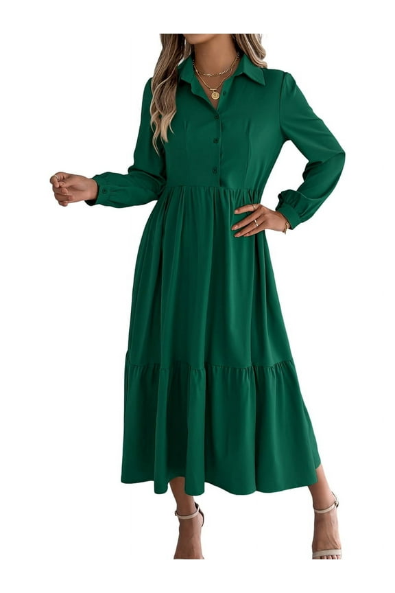 Womens Casual 3/4 Sleeve Shirt Dress Button Down V Neck Tiered Collared Flowy Maxi Dress Dark Green S