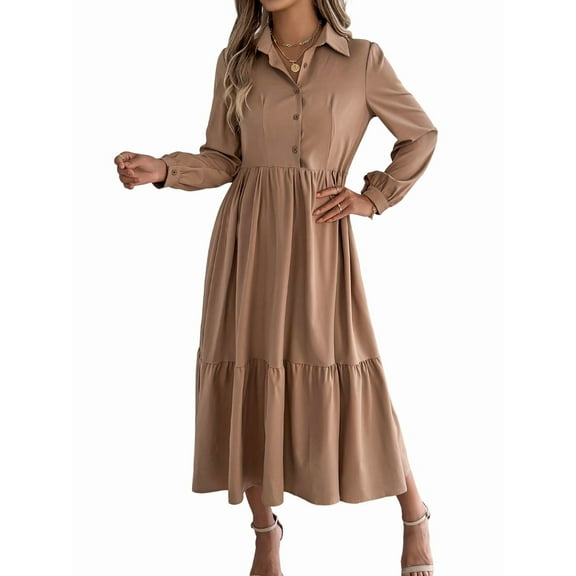 Womens Casual 3/4 Sleeve Shirt Dress Button Down V Neck Tiered Collared Flowy Maxi Dress Khaki XL