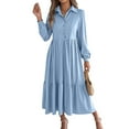 thumbnail image 1 of Womens Casual 3/4 Sleeve Shirt Dress Button Down V Neck Tiered Collared Flowy Maxi Dress Light Blue XL, 1 of 7