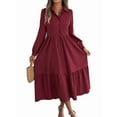 thumbnail image 1 of Womens Casual 3/4 Sleeve Shirt Dress Button Down V Neck Tiered Collared Flowy Maxi Dress Wine Red M, 1 of 7