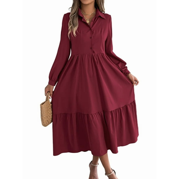 Womens Casual 3/4 Sleeve Shirt Dress Button Down V Neck Tiered Collared Flowy Maxi Dress Wine Red M