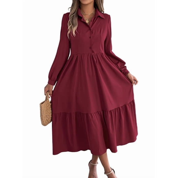 Womens Casual 3/4 Sleeve Shirt Dress Button Down V Neck Tiered Collared Flowy Maxi Dress Wine Red S