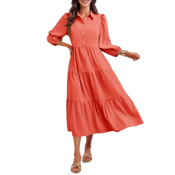 Womens Casual 3/ 4 Sleeve Shirt Dress Button Down V Neck Tiered Collared Flowy Maxi Dress