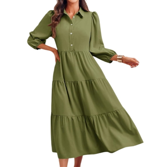 Womens Casual 3/ 4 Sleeve Shirt Dress Button Down V Neck Tiered Collared Flowy Maxi Dress