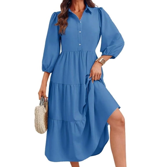 Womens Casual 3/ 4 Sleeve Shirt Dress Button Down V Neck Tiered Collared Flowy Maxi Dress