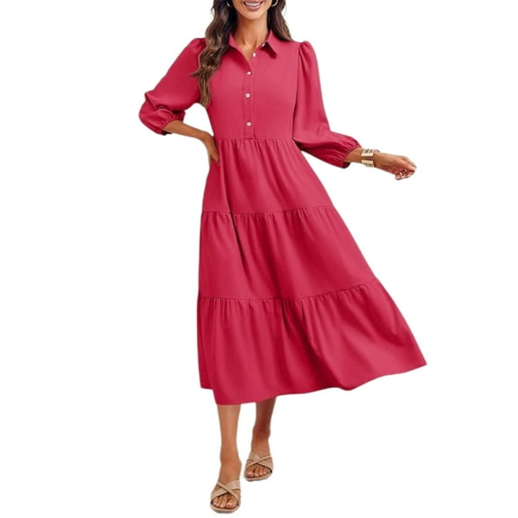 Womens Casual 3/ 4 Sleeve Shirt Dress Button Down V Neck Tiered Collared Flowy Maxi Dress