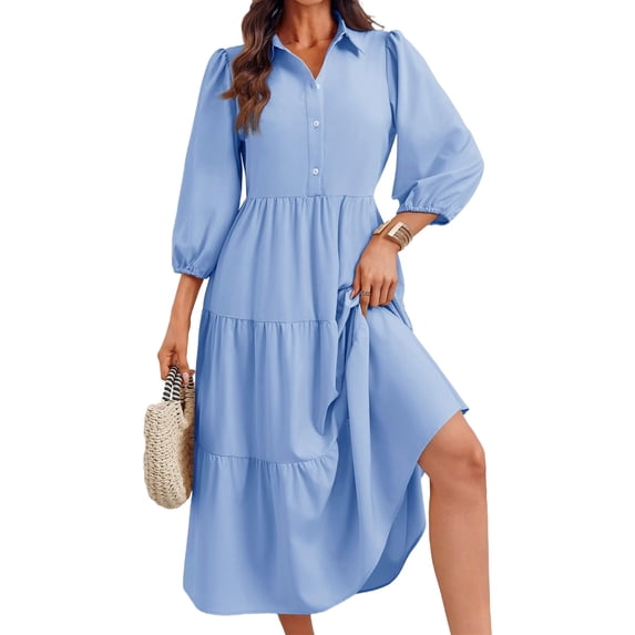 Womens Casual 3/ 4 Sleeve Shirt Dress Button Down V Neck Tiered Collared Flowy Maxi Dress