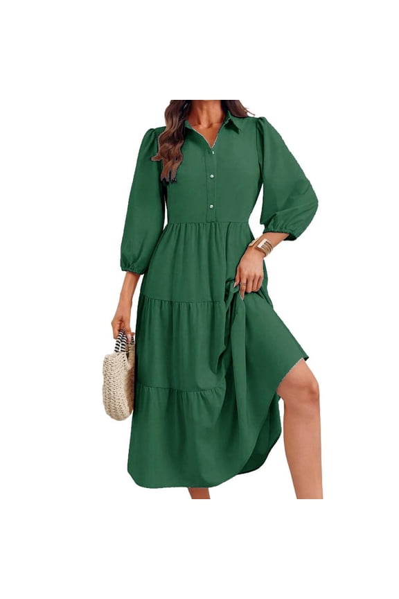 Womens Casual 3/ 4 Sleeve Shirt Dress Button Down V Neck Tiered Collared Flowy Maxi Dress