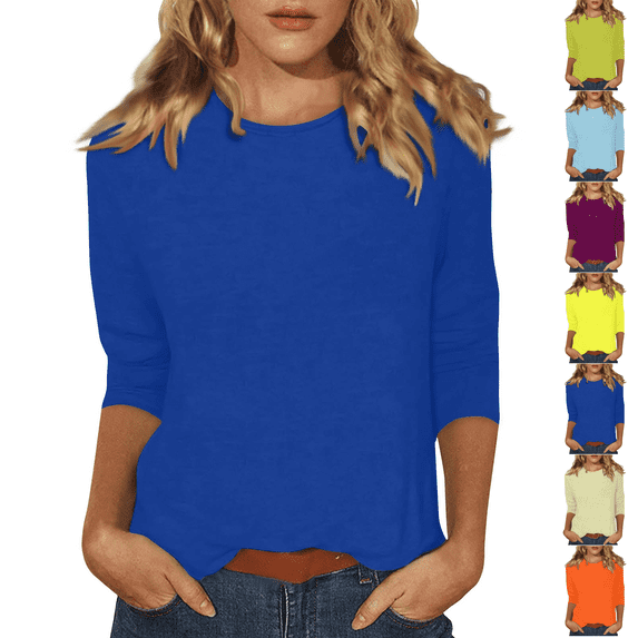 Womens Casual 3/4 Sleeve T Shirts Crew Neck Loose Fit Tunic Tops Solid Basic Tops Tees Blue 4XL