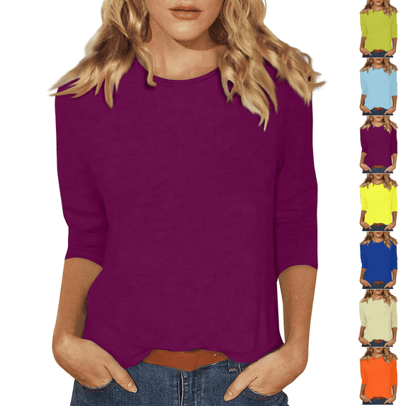 Womens Casual 3/4 Sleeve T Shirts Crew Neck Loose Fit Tunic Tops Solid Basic Tops Tees Dark Purple S