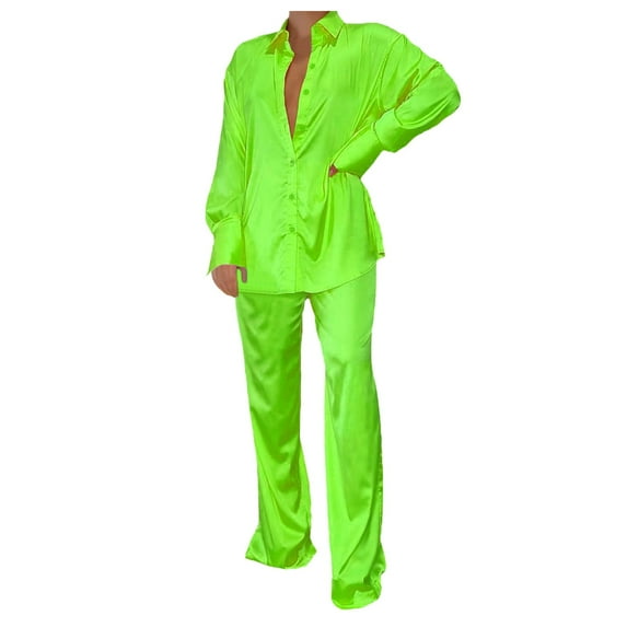 Womens Casual Activewear Sets Wide Leg Pants Satin Sets 2 Piece Outfits Casual Long Sleeve Button Down Shirt Pants Outfits Fashion Streetwear Pajamas