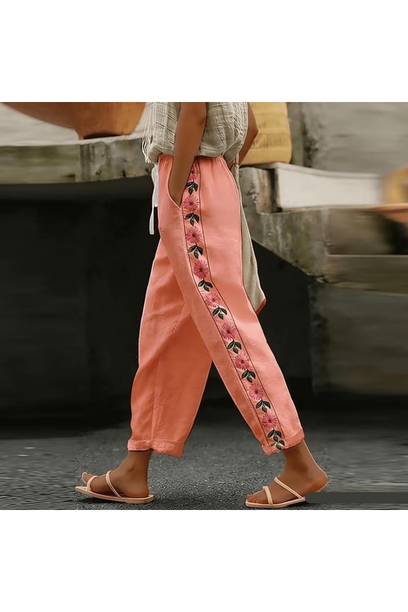 Womens Casual Ankle Pants Floral Embroidered Cotton Linen High Waisted Loose Fit Cropped Trousers with Pockets for Daily Wear Lounging,Pink,L