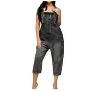 BRGZLK Womens Casual Baggy Denim Jean Overalls Loose Bib Dungarees Harem Romper Jumpsuit Cropped Pants with Pocket Casual Wide Leg Overall Playsuits