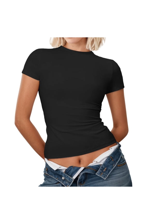 Womens Casual Basic Short Sleeve Tee Crew Neck Slim Fit Summer Crop Tops Stretchy Ribbed Athletic Compression Gym Yoga Shirt