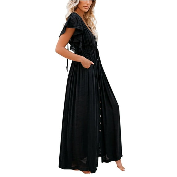 Womens Casual Beach Blouse Button Drawstring Long Skirt Sun Protection Shirt Summer Boho Floral Sundresses Wedding Guest Graduation Prom Formal Cocktail Dresses that Hide Belly A520-19559