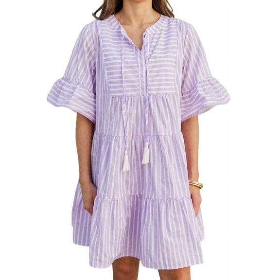 Womens Casual Bell Sleeves Waist Ruffled Striped Shirt Dress Light  M