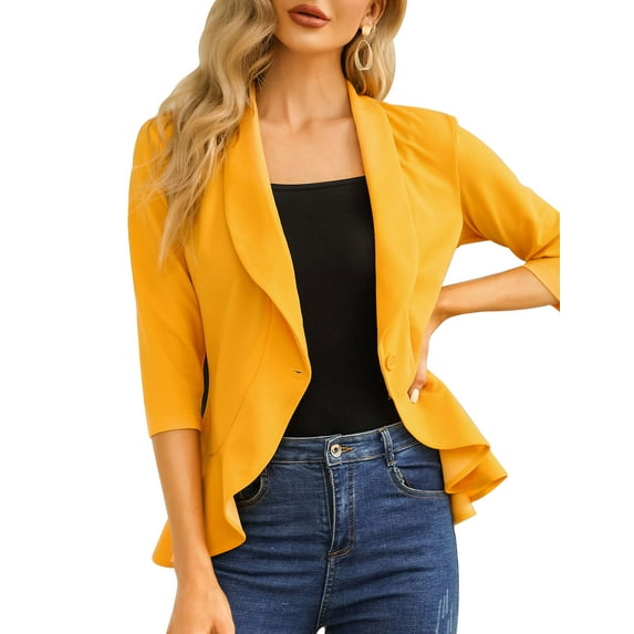 Womens Casual Blazer 3/4 Sleeve Open Front Ruffle Work Office Cardigan Suit Jacket