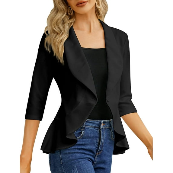Womens Casual Blazer 3/4 Sleeve Open Front Ruffle Work Office Cardigan Suit Jacket