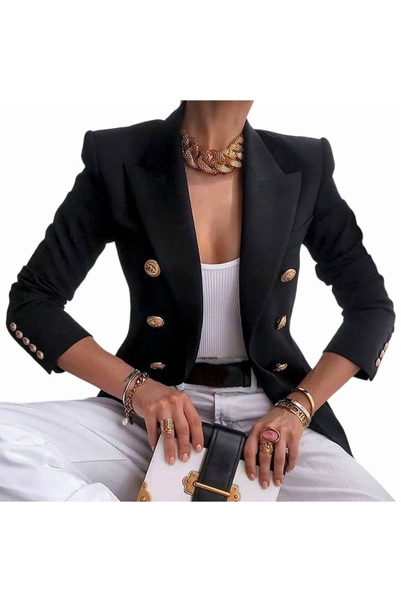 Womens Casual Blazer Jacket Gold Button Long Sleeve Work 0ffice Blazer Lapel Open Front Jacket Black XXL