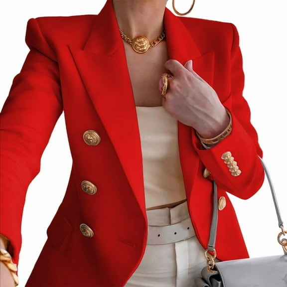 Womens Casual Blazer Jacket Gold Button Long Sleeve Work 0ffice Blazer Lapel Open Front Jacket Red XL