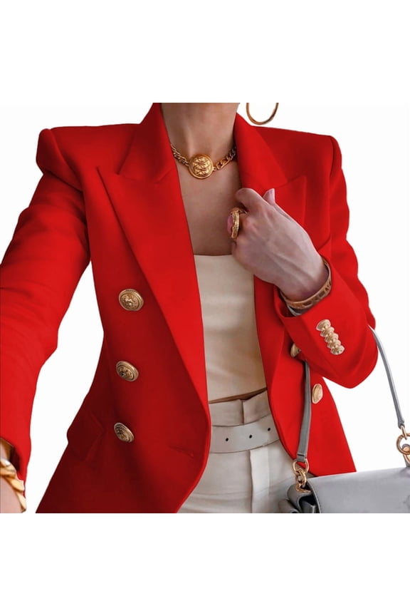 Womens Casual Blazer Jacket Gold Button Long Sleeve Work 0ffice Blazer Lapel Open Front Jacket Red XL