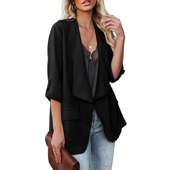Womens Casual Blazer Jackets Roll Up Long Sleeve Open Front Work Office Business Blazers with Pocket