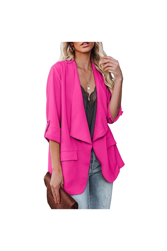 Womens Casual Blazer Jackets Roll Up Long Sleeve Open Front Work Office Business Blazers with Pocket